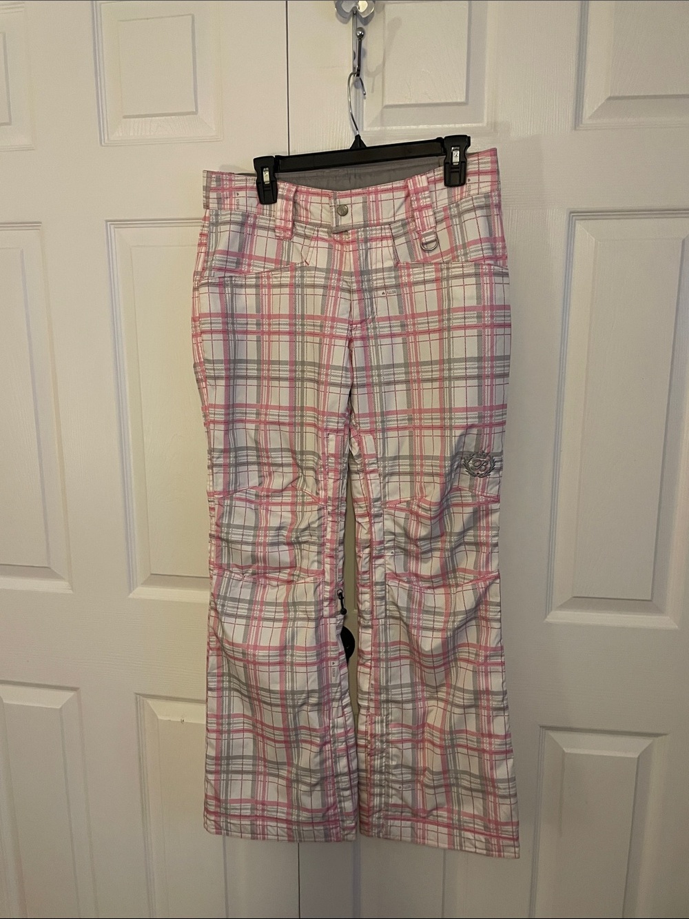 Plaid Boot-Cut Pants in Pink and Gray. Snowboard/Ski Pants